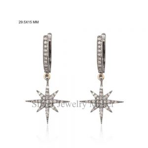 Pave Diamond Starburst Hoop Dangle Earrings 925 Sterling Silver 14K Gold Jewelry