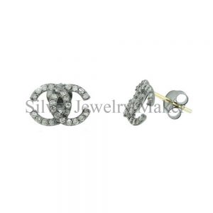 925 Sterling Silver Double "C" Stud Earrings Natural Pave Diamond Gift Jewelry