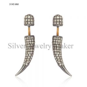 Pave Diamond Horn Stud Earrings 925 Sterling Silver Jewelry