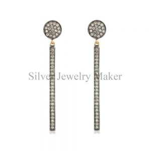 Pave Diamond Long Diamond Bar Dangle Earrings