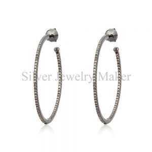 Pave Diamond 925 Sterling Silver Hoop Dangle Earrings Jewelry