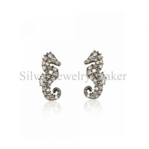 Pave Diamond Seahorse Stud Earrings 925 Sterling Silver Fine Jewelry