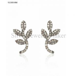 Pave Diamond Plant Stud Earrings 925 Sterling Silver Fine Jewelry
