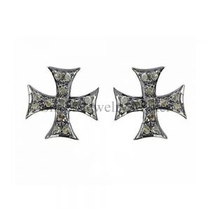Pave Diamond Cross Stud Earring 925 Sterling Silver Fine Jewelry