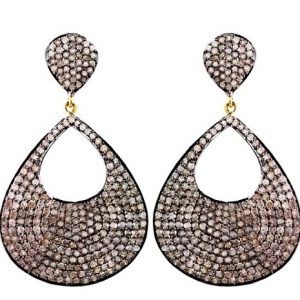 49x29 MM 7ct Diamond 925 Silver Studded 14k Gold Dangle Earrings