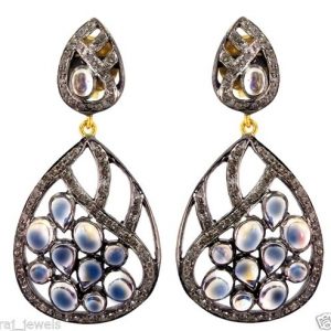 46x22 MM Rainbow Moonstone Studded Diamond 925 Silver 14k Gold Dangle Earrings