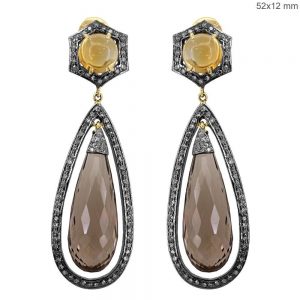 52x12MM Smoky Quartz Citrine Gemstone Diamond 925 Silver 14K Gold Dangle Earring