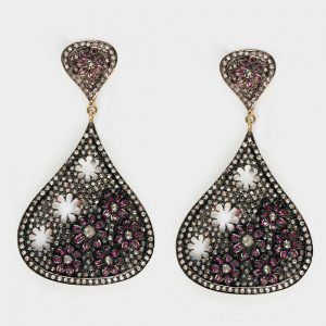 56x30 MM Ruby Gemstone Pave Diamond 925 Sterling Silver Dangle Earrings