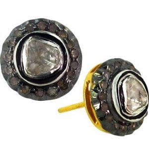 0.82ct Pave Diamond 925 Sterling Silver 14k Gold Stud Earrings