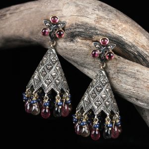 43x18 MM Multi Tourmaline Sapphire Pave Diamond 925 Silver Dangle Earrings