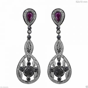 52x19 MM Ruby Polki Gemstone Diamond 925 Sterling Silver Dangle Drop Earrings