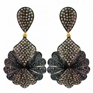 55x29 MM Natural BLUE Pave 3.98ct Diamond 925 Silver 14k Gold Dangle Earrings