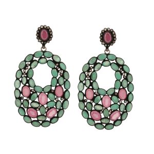 60x33 MM Emerald Ruby Gemstone Diamond 925 Silver Dangle Earrings