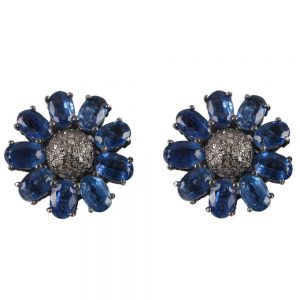 20x20 MM Kynite Gemstone Pave Diamond 925 Sterling Silver Stud Earrings