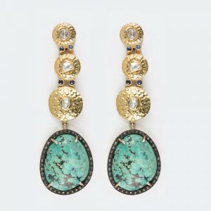 72x22MM Turquoise Sapphire Gemstone Pave Diamond 925 Silver Long Dangle Earrings